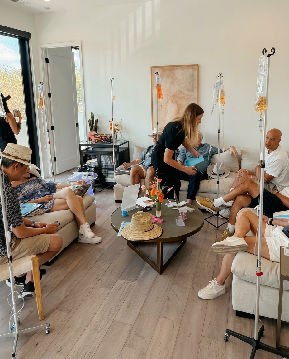 Mobile IV Bird nurse treating a group at an Austin home